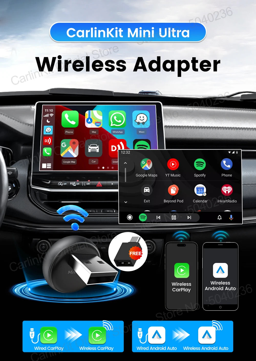 CarlinKit Mini Ultra 3 Wireless CarPlay & Android Auto Tiny Adapter
