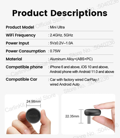 CarlinKit Mini Ultra 3 Wireless CarPlay & Android Auto Tiny Adapter